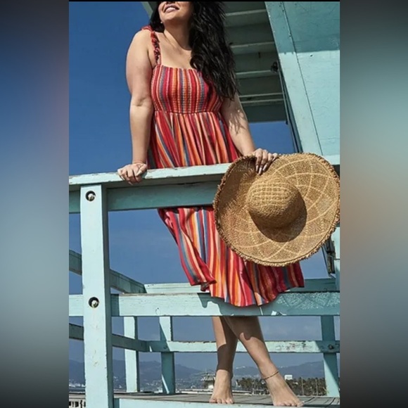 Torrid Midi Challis Striped Dress Womens Size 4 4X Pink Blue Smocked Tiered - Picture 15 of 16